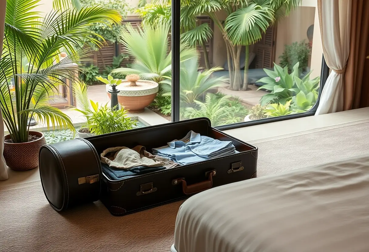 Une valise en cuir ouverte dans une chambre d'hôtel entourée de jardins luxuriants