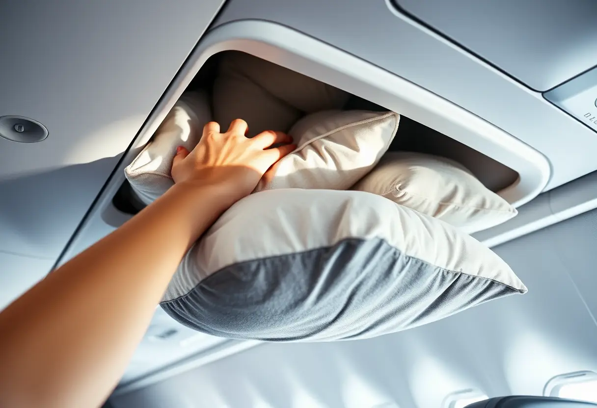 Un compartiment à bagages avec divers coussins, un passager récupère son oreiller