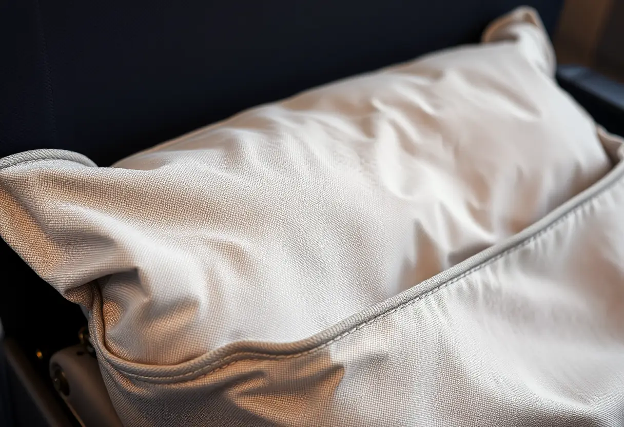 Un coussin posé près d'un sac à dos dans la poche d'une rangée d'avion