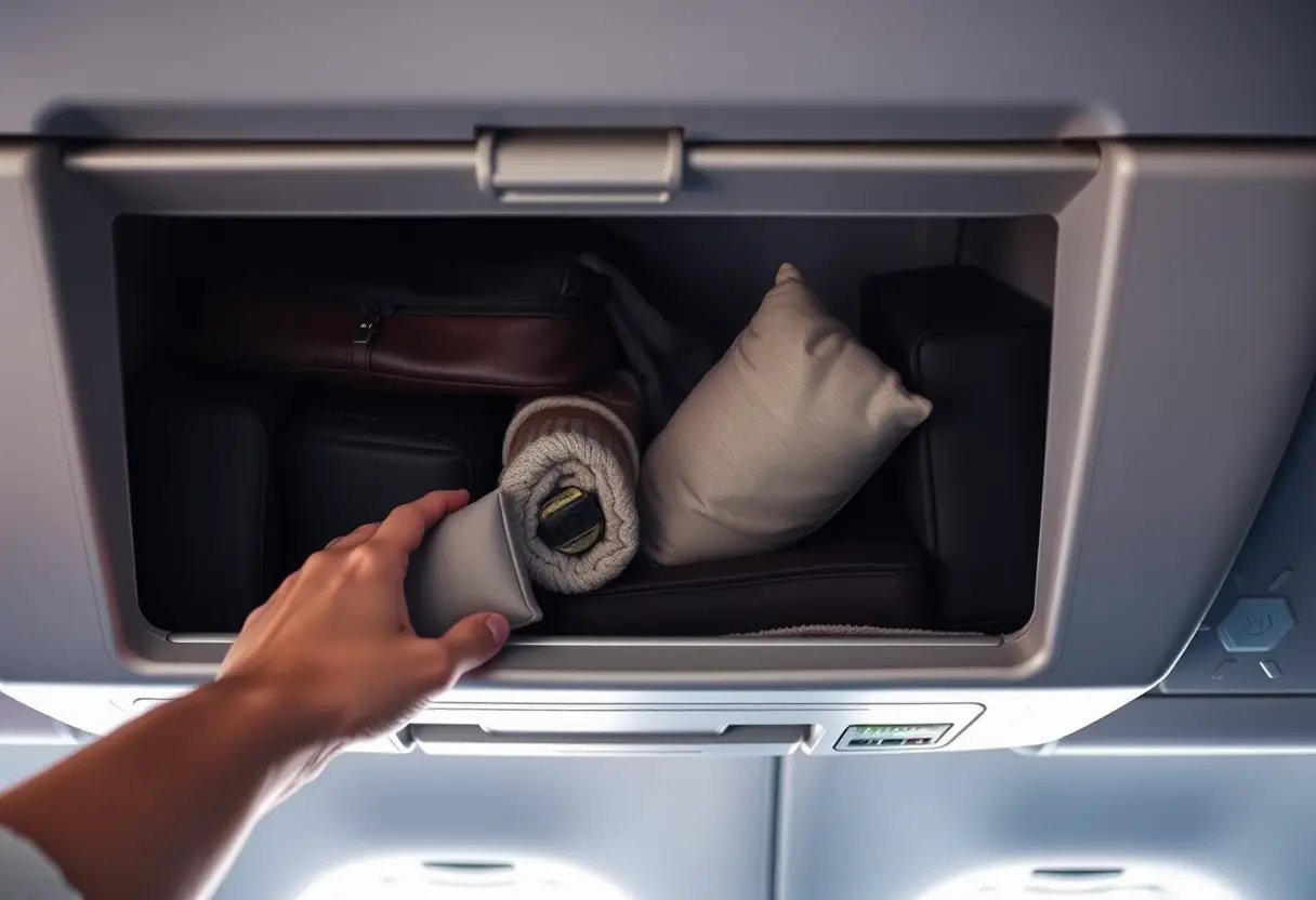 Un compartiment de soute rempli de bagages dans une cabine sombre, avec une couverture roulée qui dépasse. Une main pénètre doucement pour récupérer un petit oreiller de voyage.