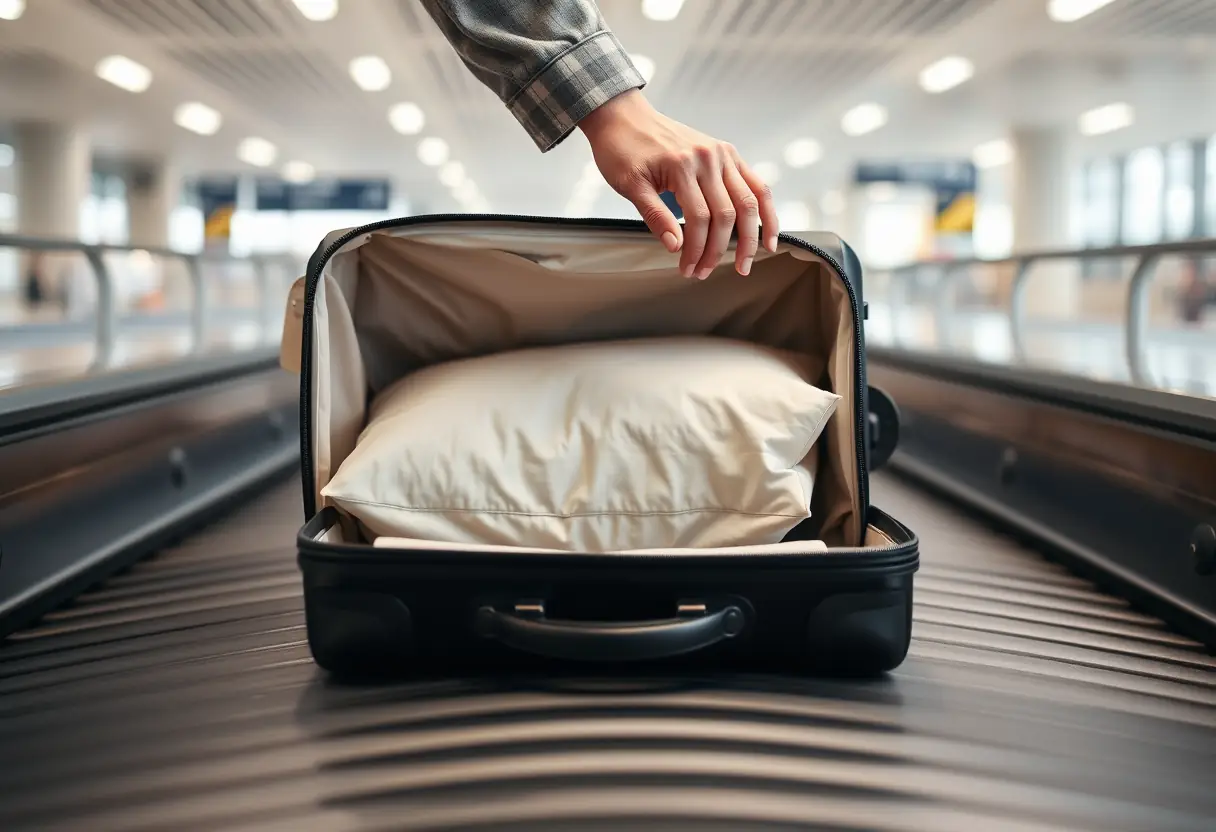 Un sac à dos partiellement ouvert révélant un oreiller, au terminal d'un aéroport.
