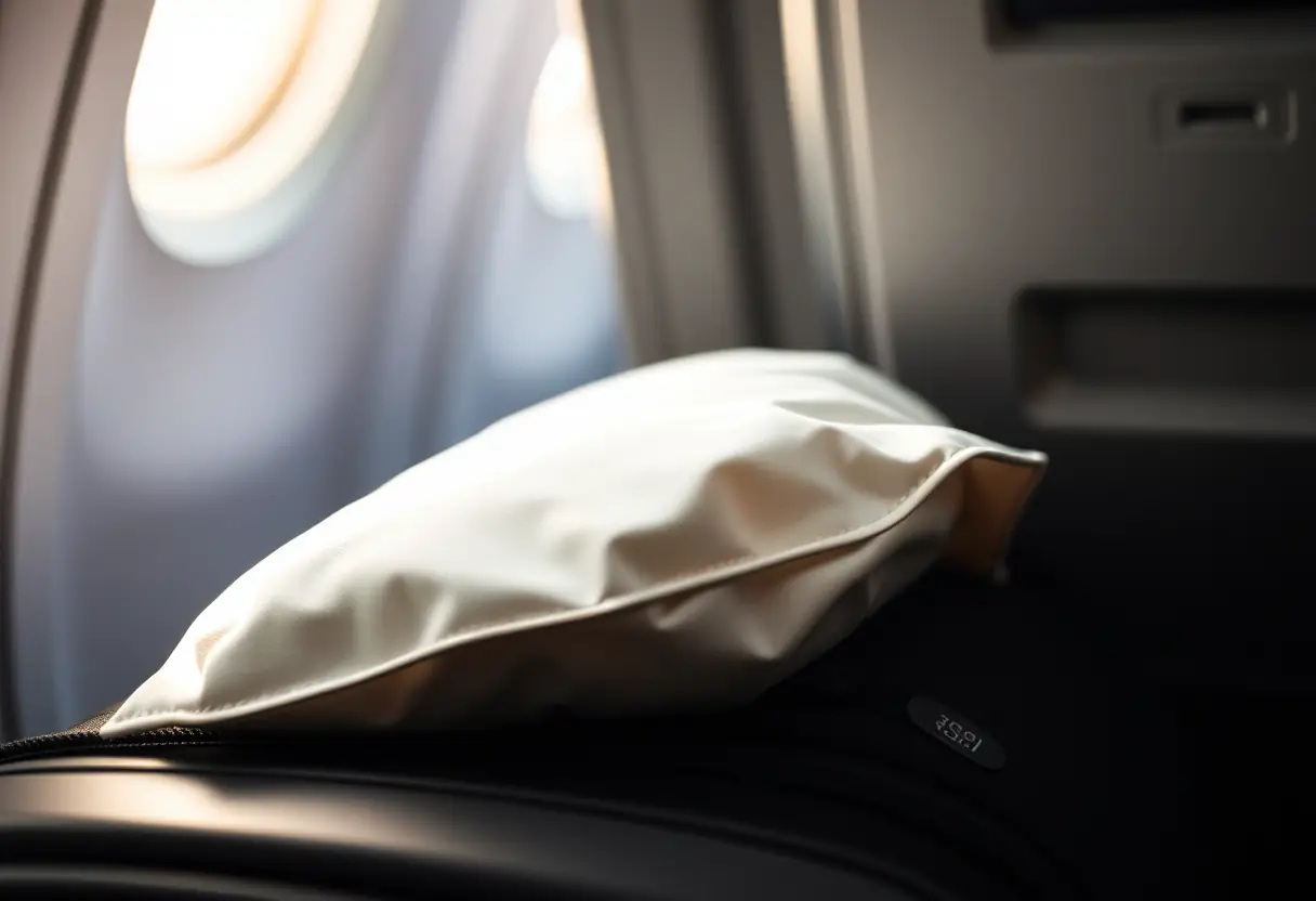 Un oreiller posé sur une tablette de l'avion, guide pratique pour les voyageurs