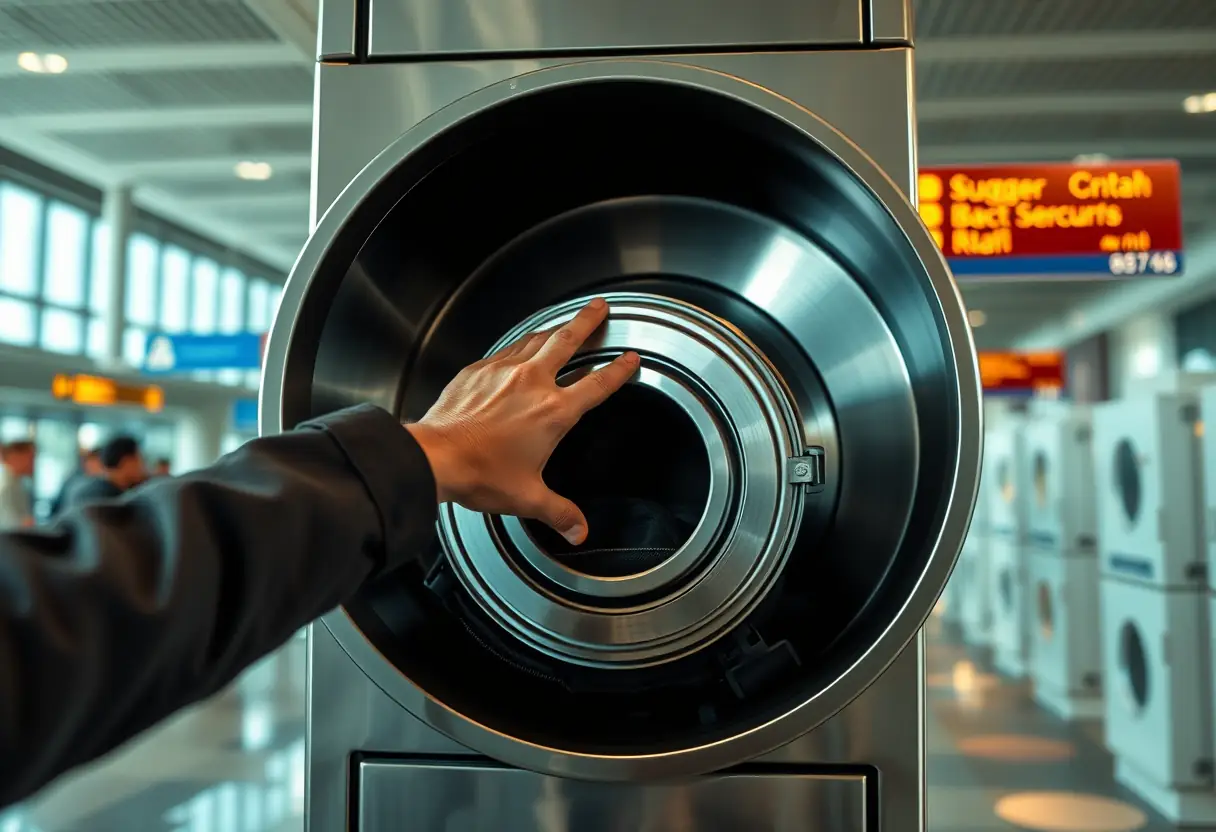 Une main plonge dans un casier à bagages métallique cylindrique dans un terminal d'aéroport, montrant l'importance de la sécurité des bagages.