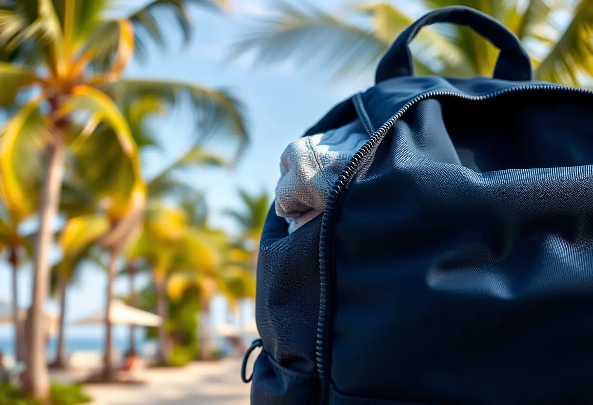 Un zippeur sur un sac à dos bleu marine ouvert révèle des vêtements bien pliés à Bali