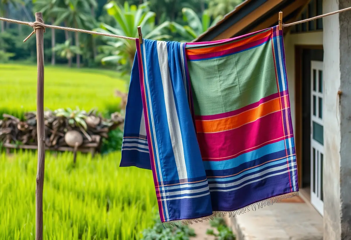 Un sarong en coton suspendu sur une corde à linge devant une maison de village, entouré de rizières verdoyantes