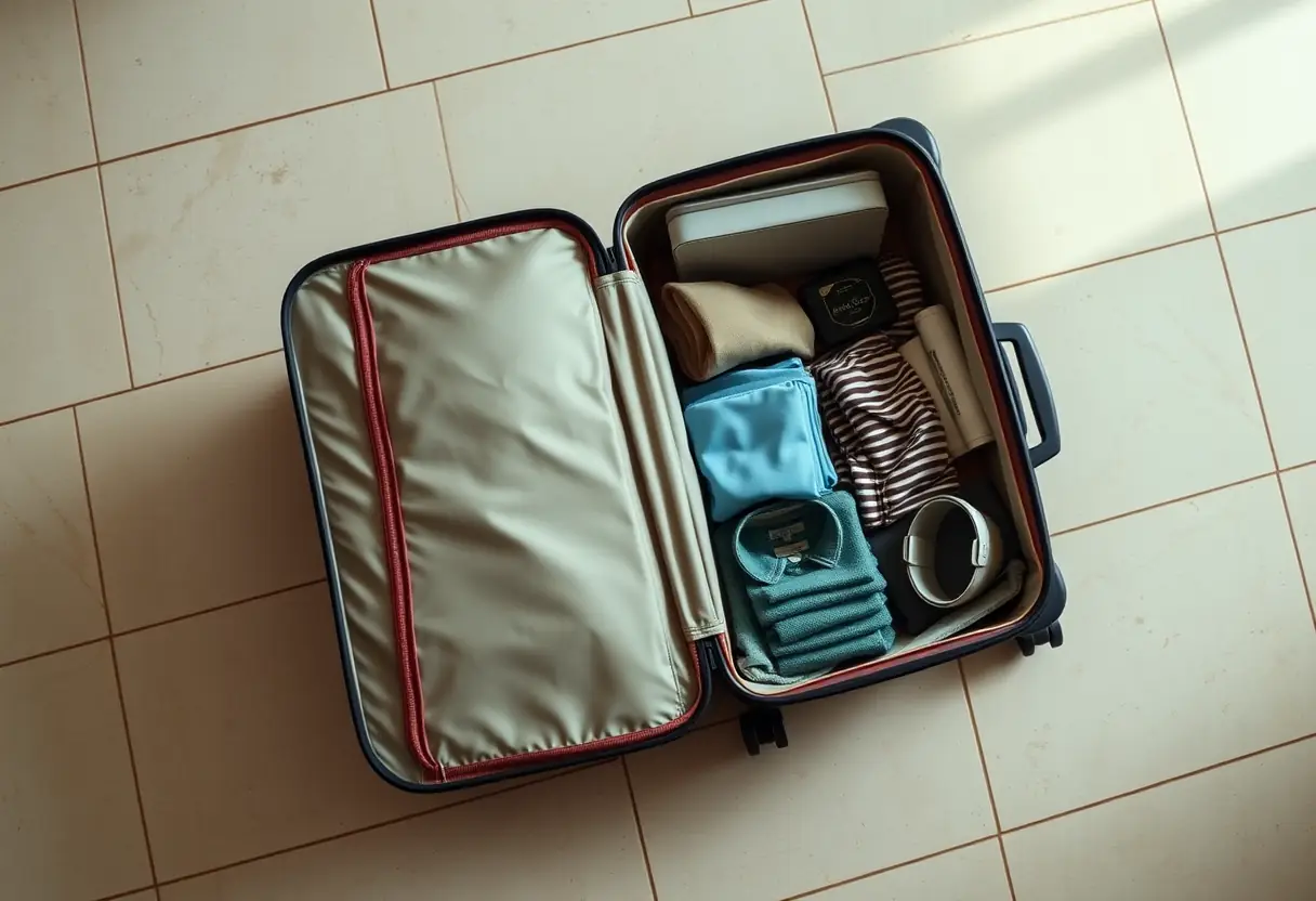 Une valise ouverte révélant des vêtements pliés et des accessoires de voyage
