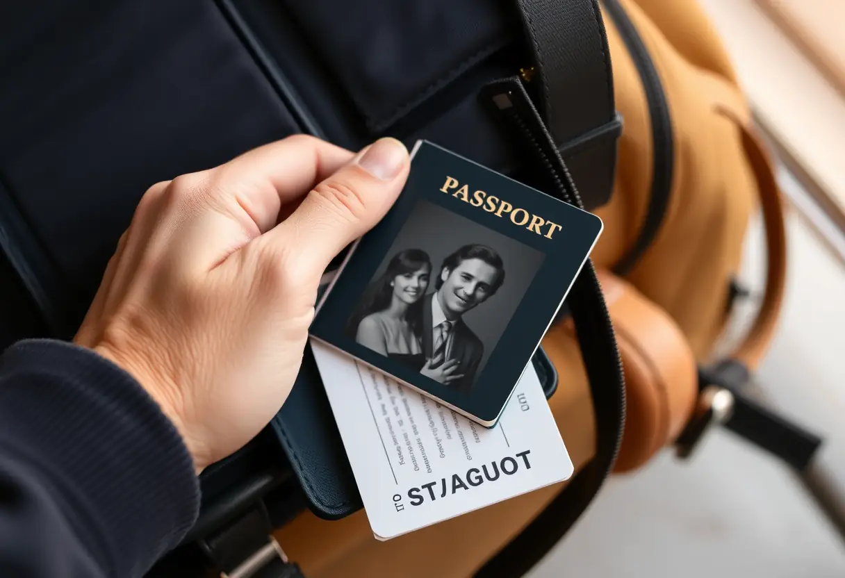 Une main posant une photo d'identité dans un passeport pour se préparer à voyager