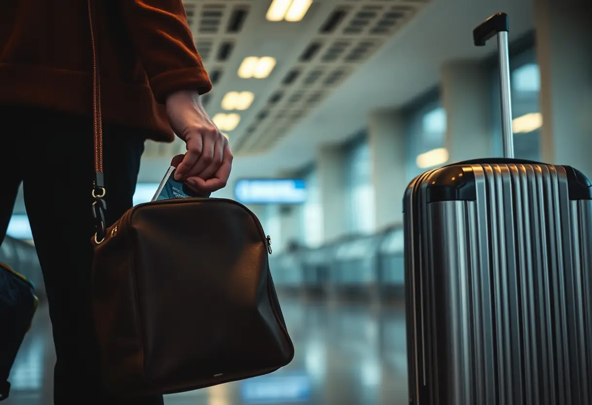 Une main cherche quelque chose dans un sac de voyage en cuir dans un salon d'aéroport
