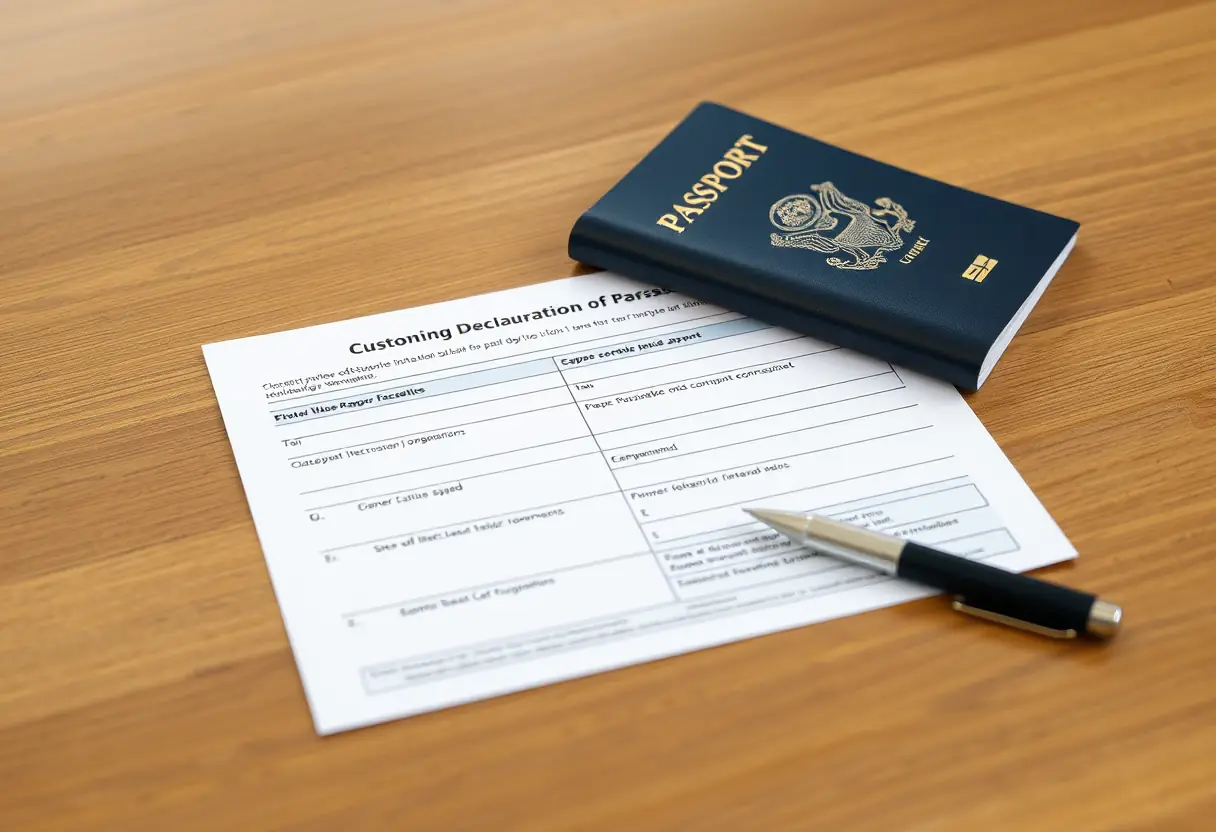Un passeport plié sur une table près d'un formulaire douanier, prêts pour le voyage au Japon