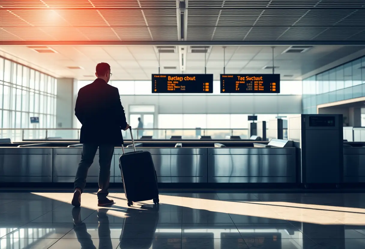 Un silhouetté attend son bagage à roulettes au guichet des bagages à l'aéroport.
