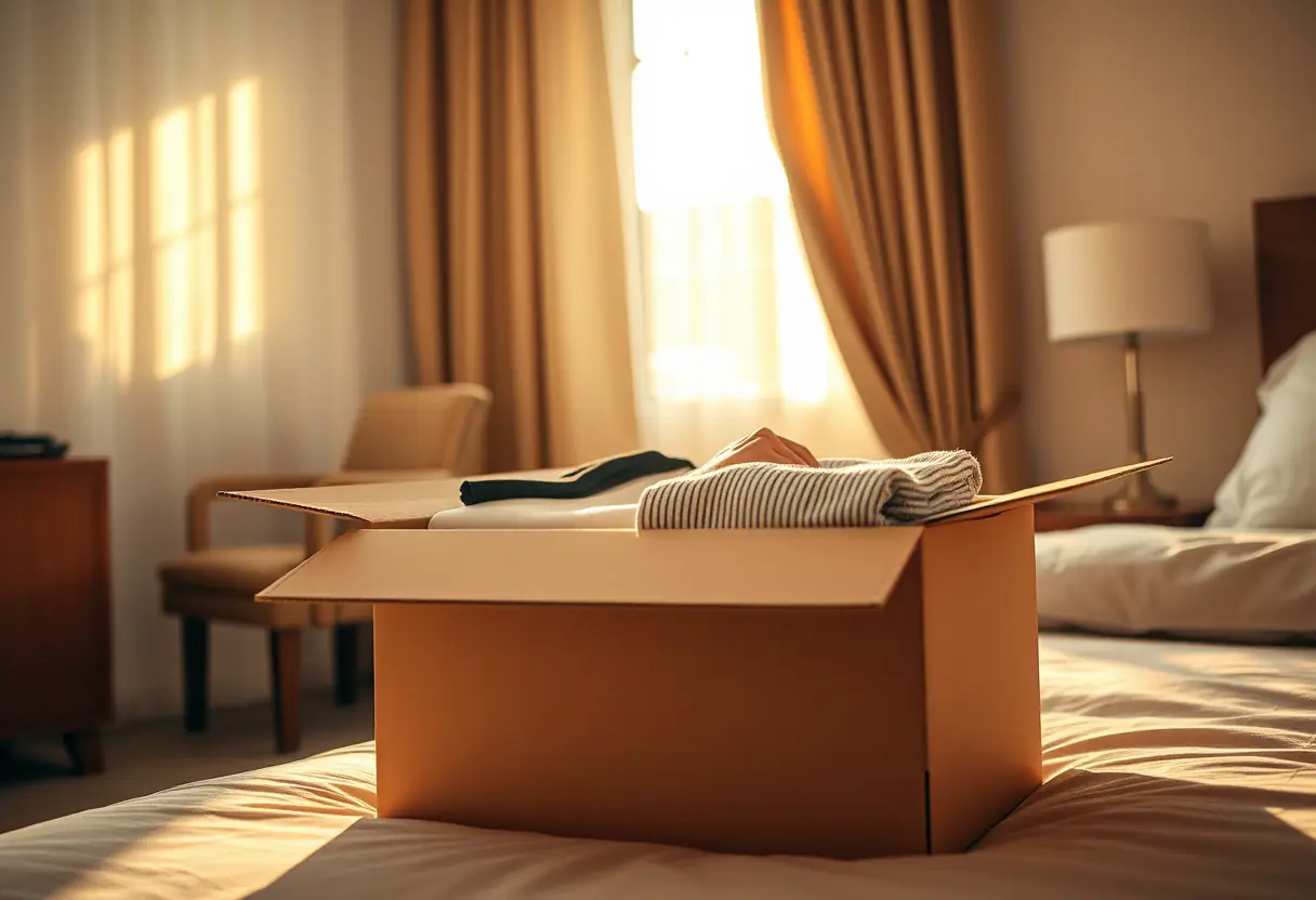 Des mains plient soigneusement des vêtements dans une boîte en carton rectangulaire dans une chambre d'hôtel.