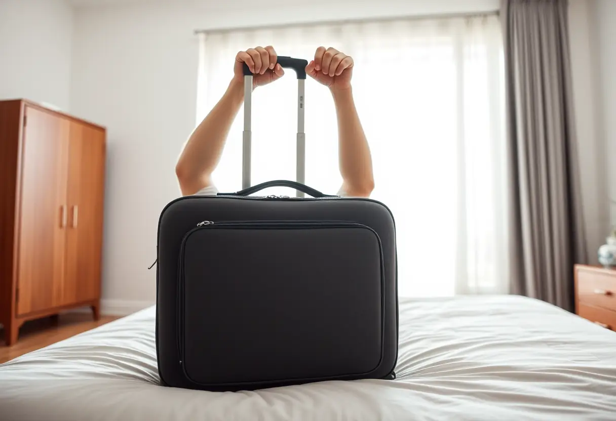 Une valise rectangulaire en toile est fermée dans une chambre bien éclairée, préparatifs pour le Japon