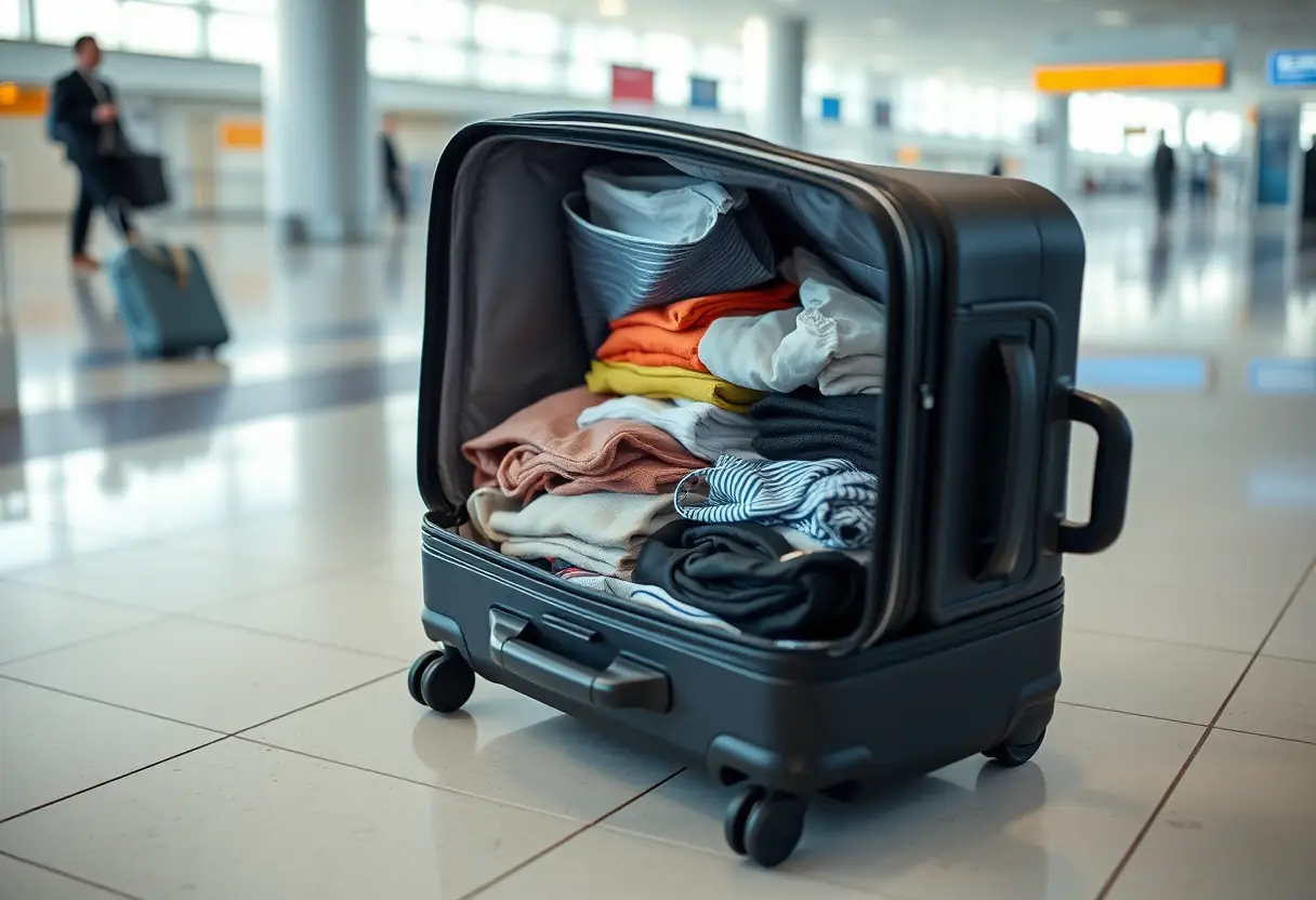 Une valise ouverte dans un aéroport, remplie de vêtements pliés et de produits d'hygiène