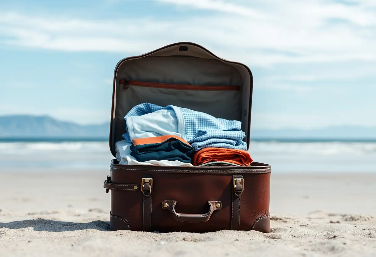 Un valise en cuir ouverte sur une plage de sable, remplie de vêtements pliés