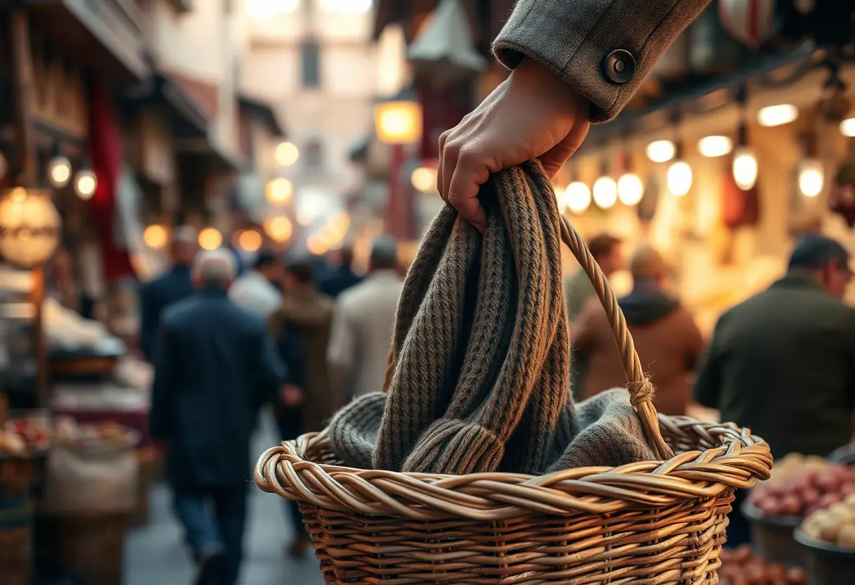 Une main qui saisit un foulard en laine dans un panier tressé dans un marché animé à Fès