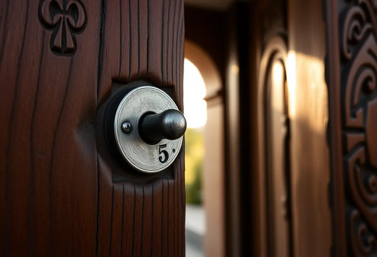 Une serrure métallique sur une porte en bois sculptée au Maroc