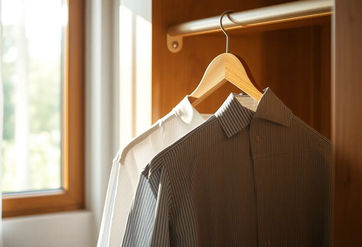 Un cintre en bois avec des vêtements pliés dans un placard d'hôtel