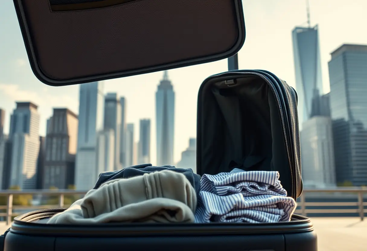 Un valise ouverte montrant des vêtements pliés devant des gratte-ciels.