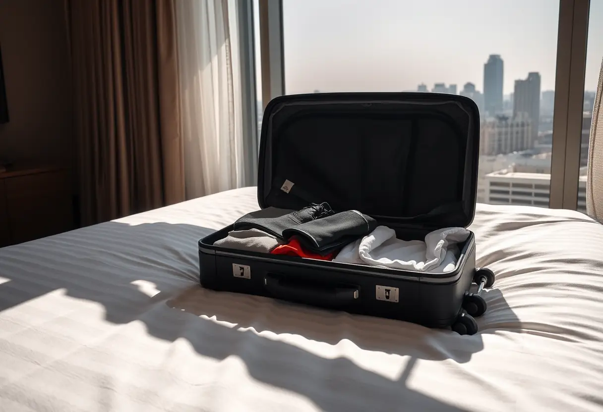 Une valise remplie de vêtements est ouverte sur un lit d'hôtel, avec un skyline urbain visible à travers la fenêtre.
