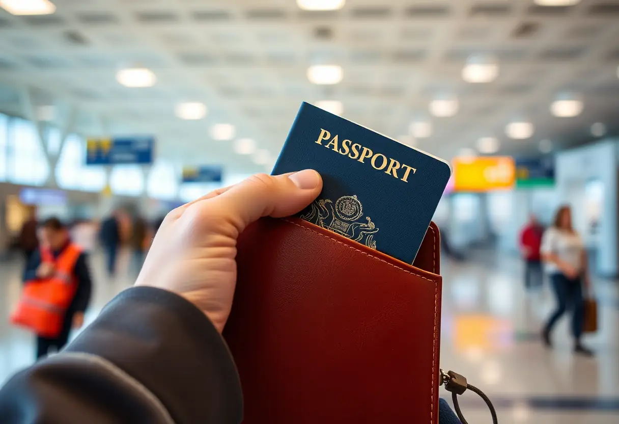 Une main qui sort un passeport d'un porte-passeports en cuir dans un aéroport.