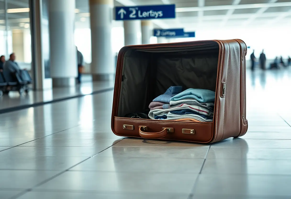 Un grand sac de voyage en cuir ouvert sur un sol carrelé à l'aéroport, rempli de vêtements soigneusement pliés, guide complet 2026