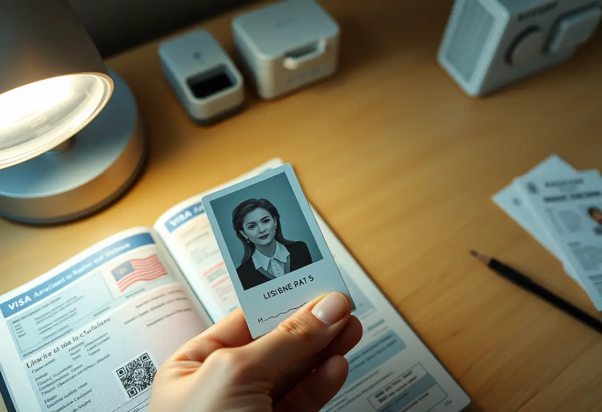 Une main tenant une photo d'identité à côté d'une page de visa tamponnée, éclairée par une lampe d'appoint à la douce lumière, guide complet 2026
