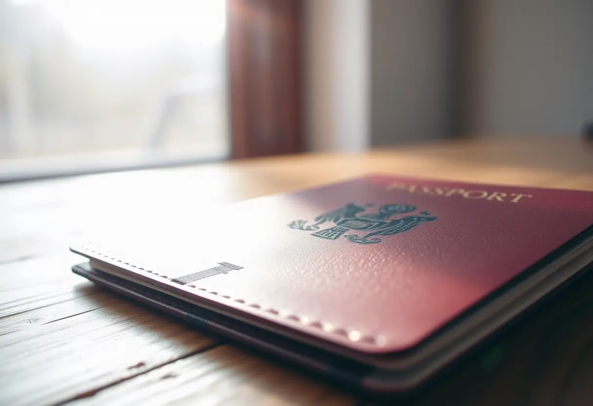 Un passeport ouvert sur une page de visa posé sur une table