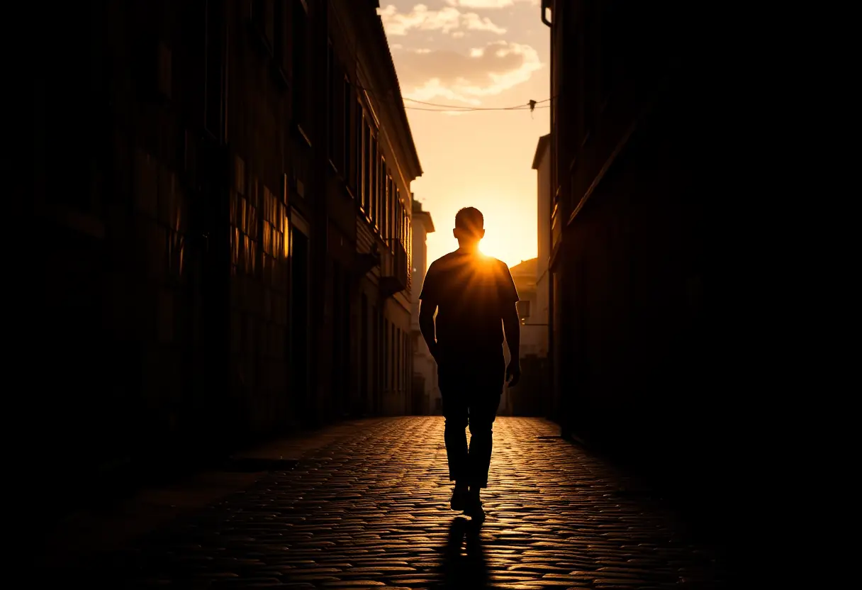 Un silhouettre de personne marchant dans une ruelle pavée entre deux étages de bâtiments, le soleil se couchant derrière elle éclairant la scène de lumière chaude