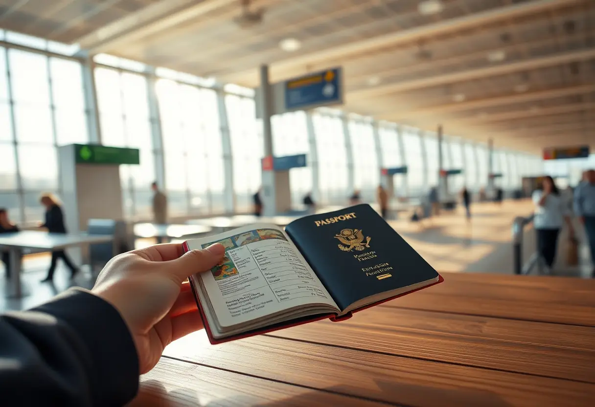 Main de voyageur tenant un passeport dans un aéroport, éclairé par la lumière du jour.