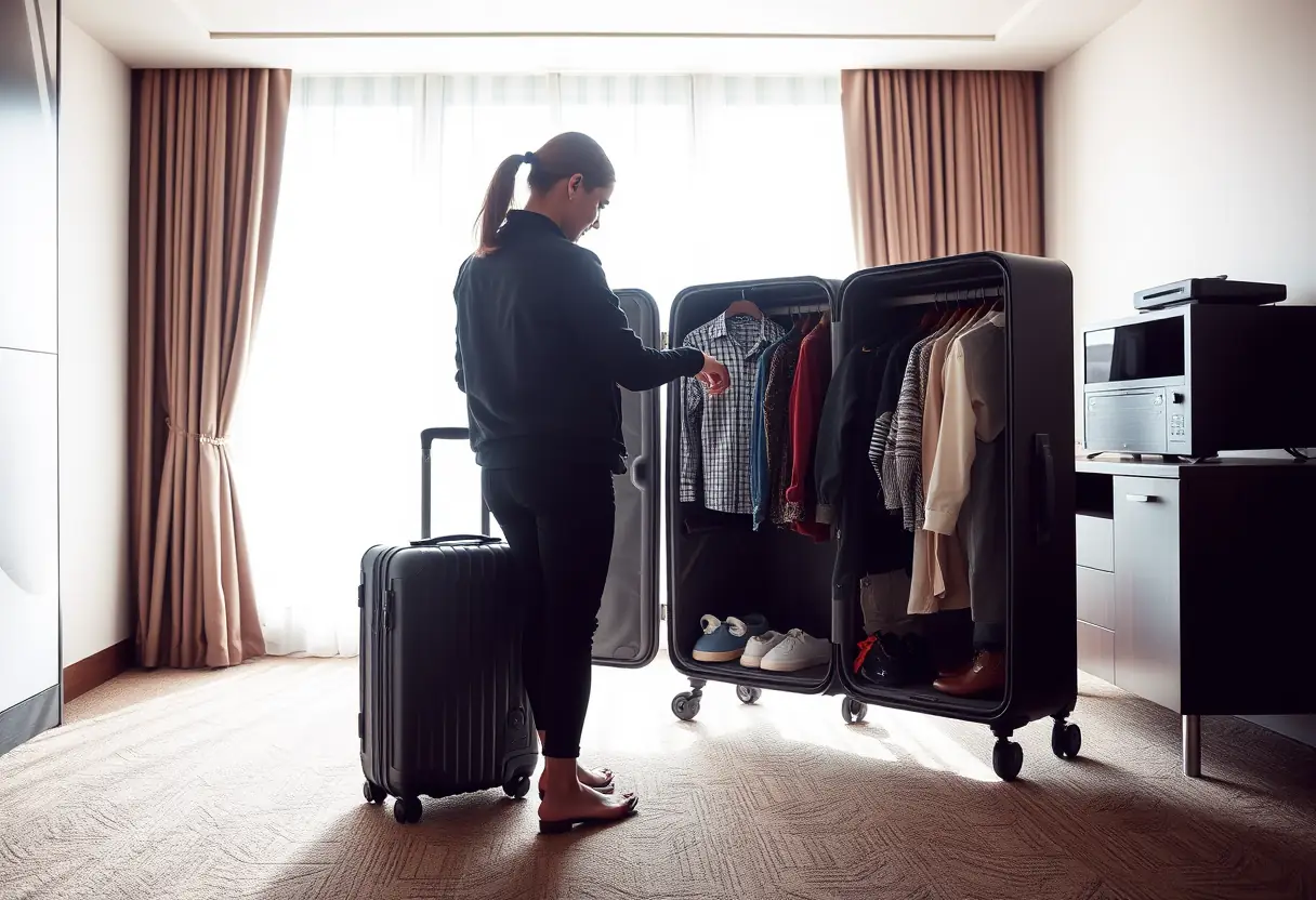 Un silhouetté devant une valise métallique dans une chambre d'hôtel