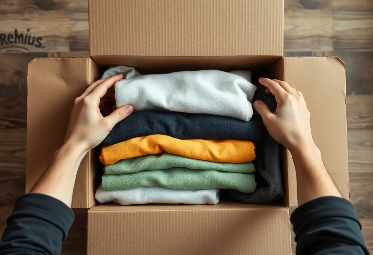 Des mains disposent des vêtements pliés dans une boîte cartonnée, préparation pour l'expédition de retour