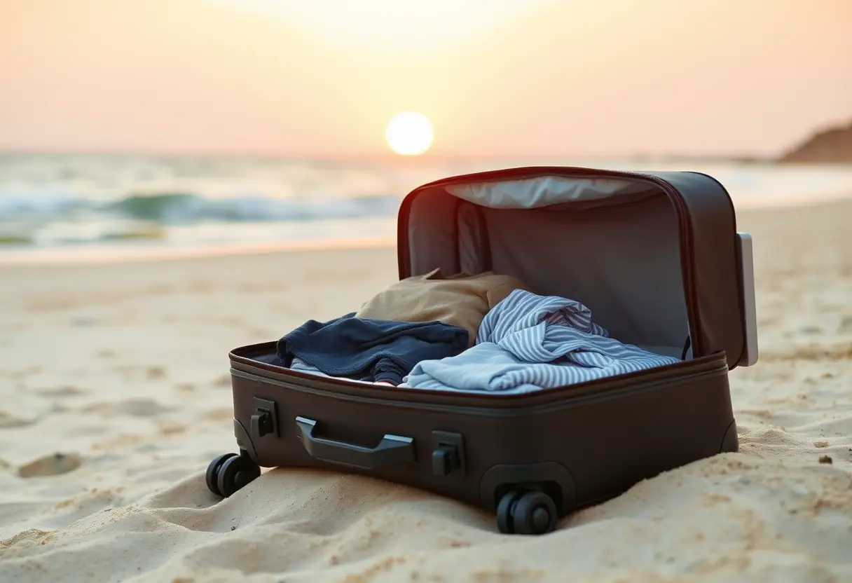 Valise ouverte sur une plage de sable, contenant des vêtements pliés, avec le coucher de soleil en arrière-plan.