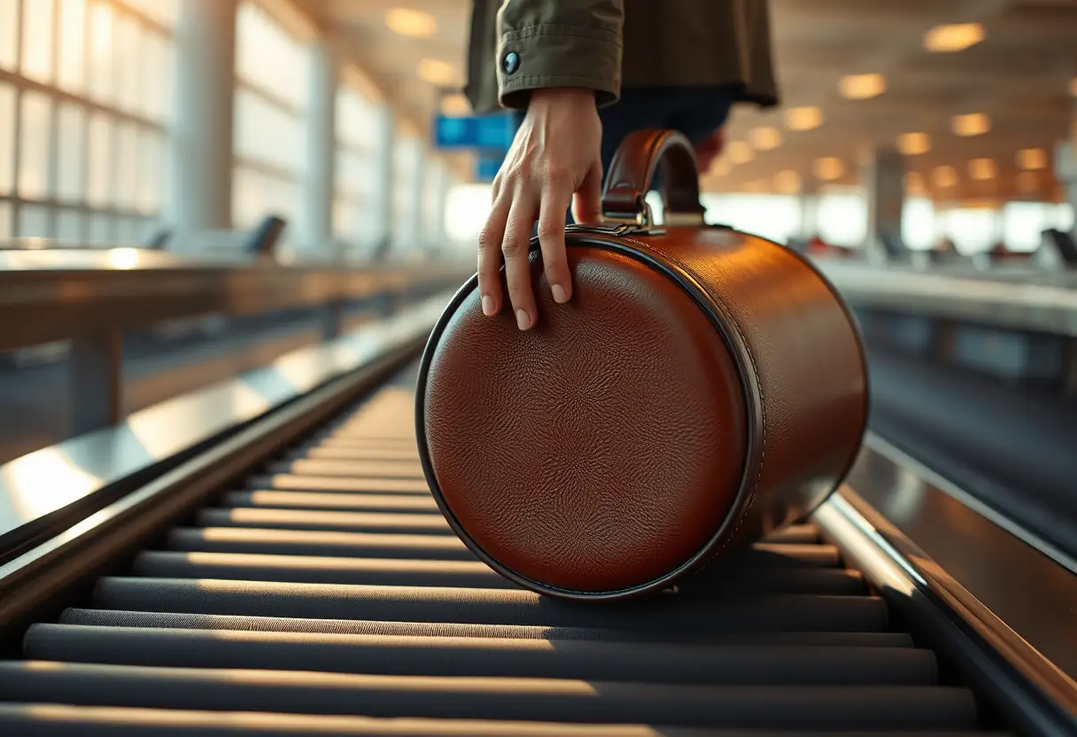 Une main stabilise une valise en cuir lisse dans un aéroport, lumière naturelle