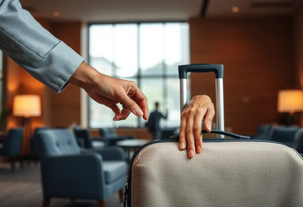 Une main ajuste la fermeture éclair d'une valise en toile dans une salle de repos calme