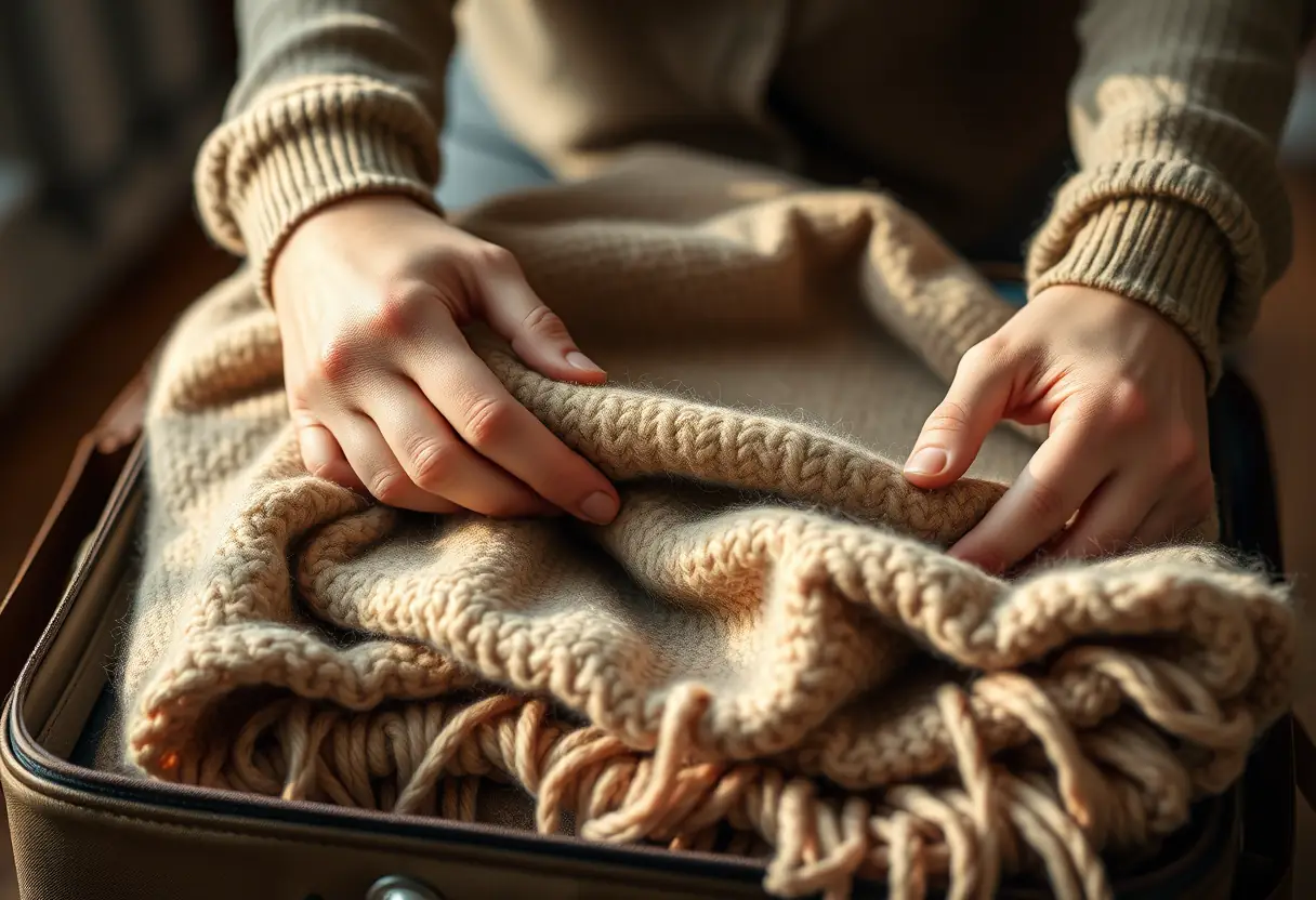 Des mains plient une couverture en laine, préparation pour un voyage confortable au Maroc.