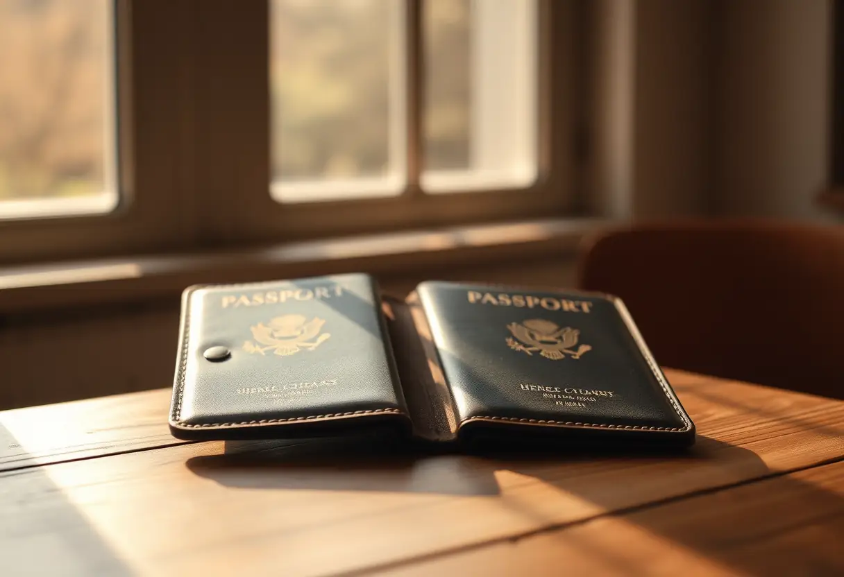Un porte-passeport en cuir sur une table, éclairé par la lumière du jour