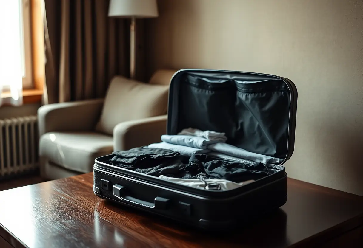 Une valise ouverte sur un bureau d'hôtel, contenant des vêtements soigneusement pliés, préparée pour le voyage en Espagne.