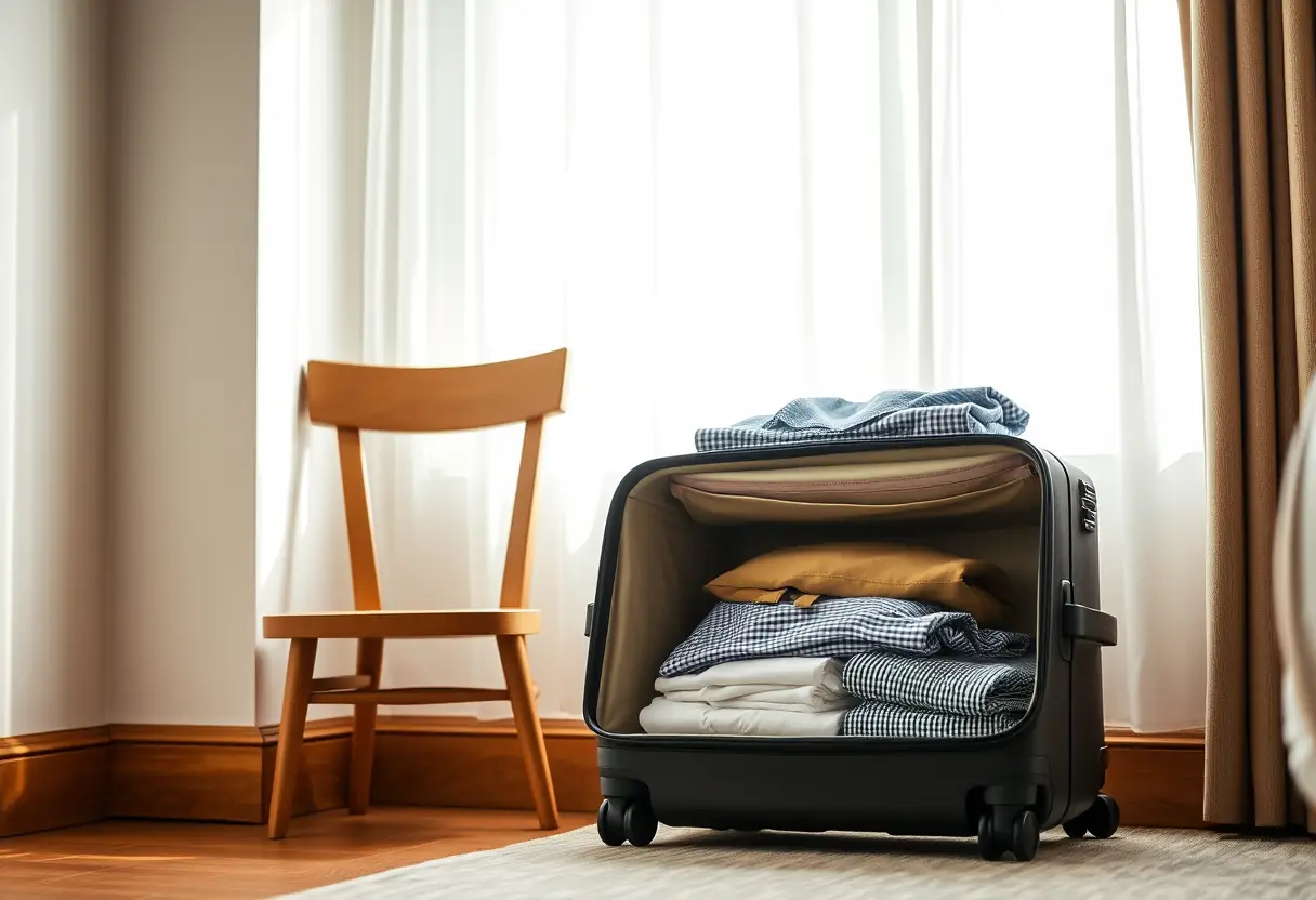 Un valise ouverte dans une chambre d'hôtel éclairée naturellement.