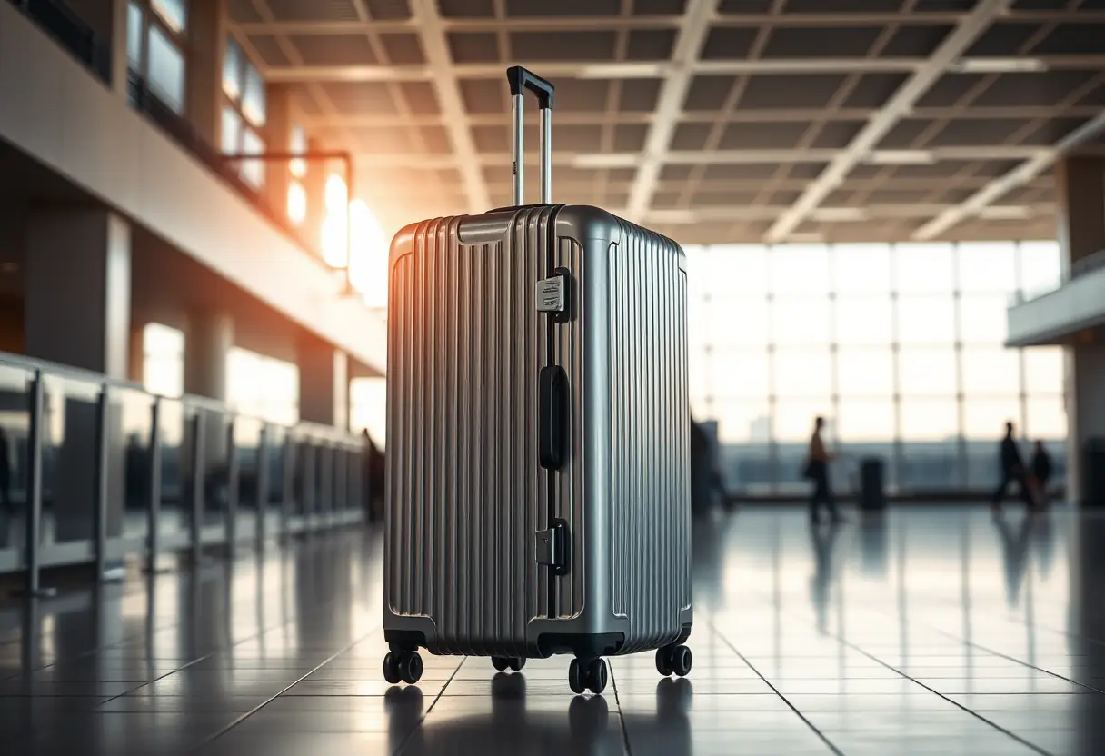 Une valise en aluminium robuste dans un aéroport