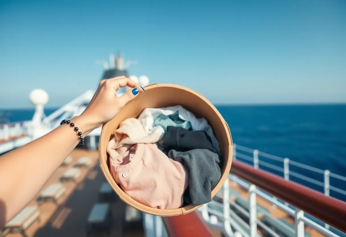 Une main féminine stabilise une boîte cartonnée ronde contenant des vêtements sur le pont d'un bateau.