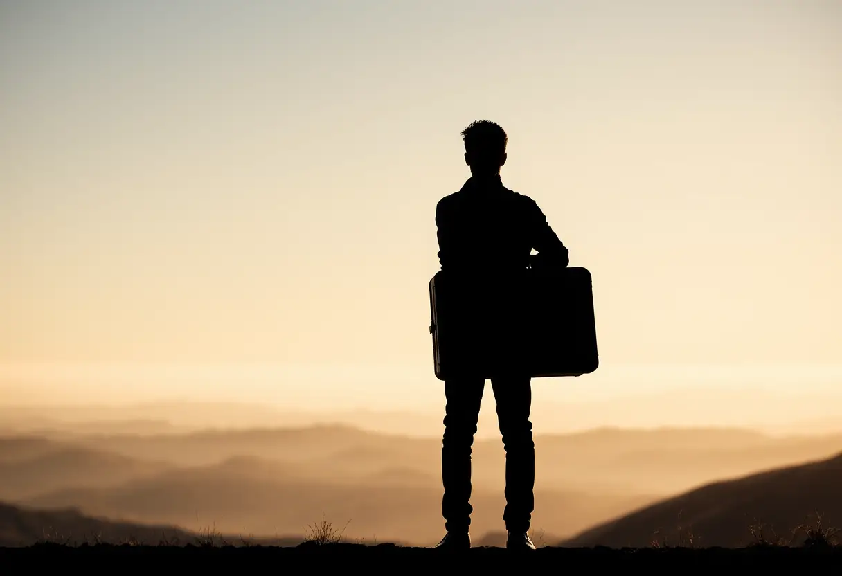 Un profil se tient devant un horizon de collines sous un ciel sans nuages, tenant une valise métallique rectangulaire.