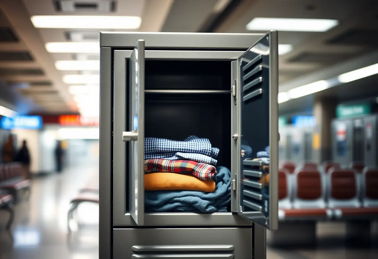 Un casier métallique partiellement ouvert dans une gare, révélant des vêtements soigneusement pliés, rappelant les préoccupations de voyage.