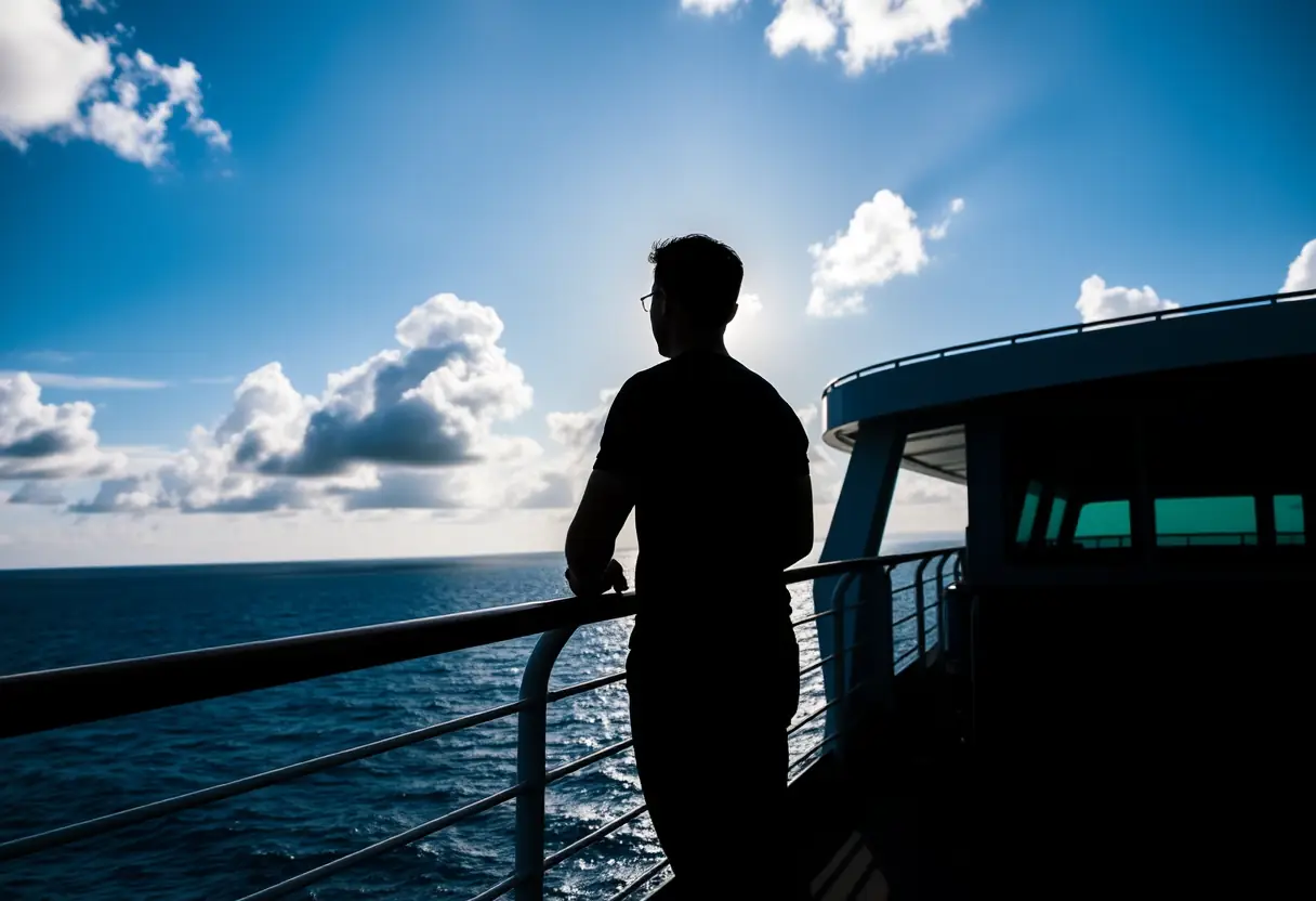 Un silhouetté regardant l'océan depuis le pont d'un navire de croisière, illustrant les conseils pour voyager sereinement.