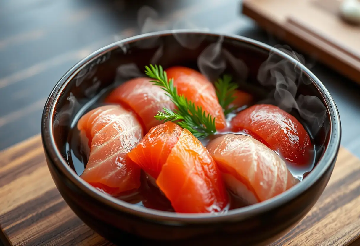 Un bol de sushi fumant sur un plateau en bois