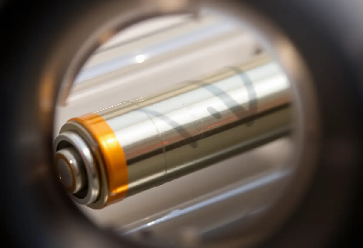 Vue rapprochée d'une cellule de batterie lithium-ion dans une valise de voyage.