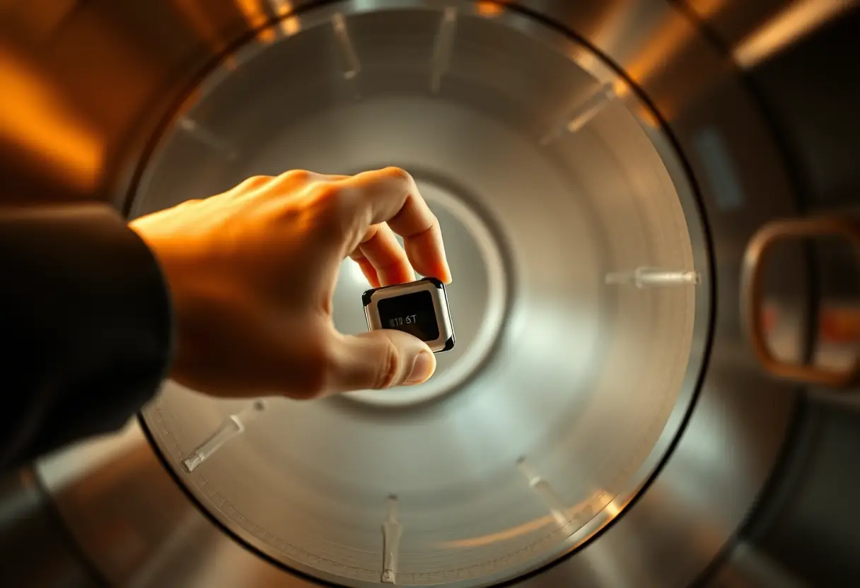 Une main pénètre dans un tube métallique pour récupérer une petite batterie portable, garantissant un voyage sécurisé