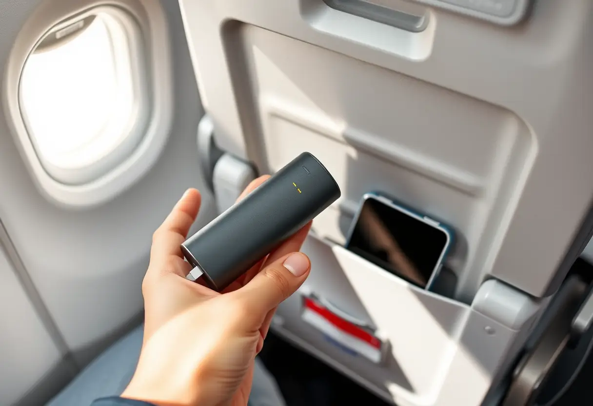 Une main tenant une batterie power bank dans un compartiment de siège d'avion