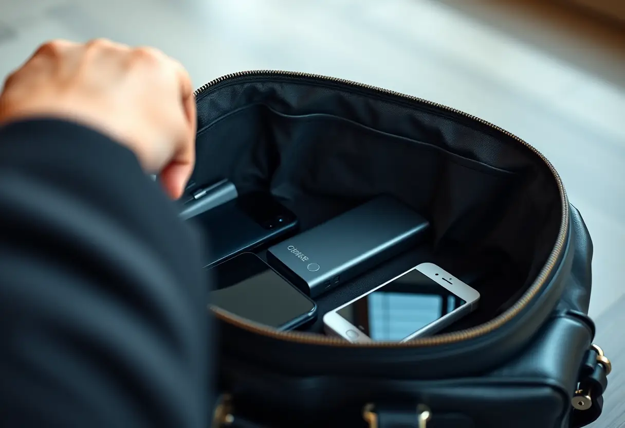Main d'un voyageur ouvrant un attaché-case contenant des appareils électroniques et un chargeur portable.