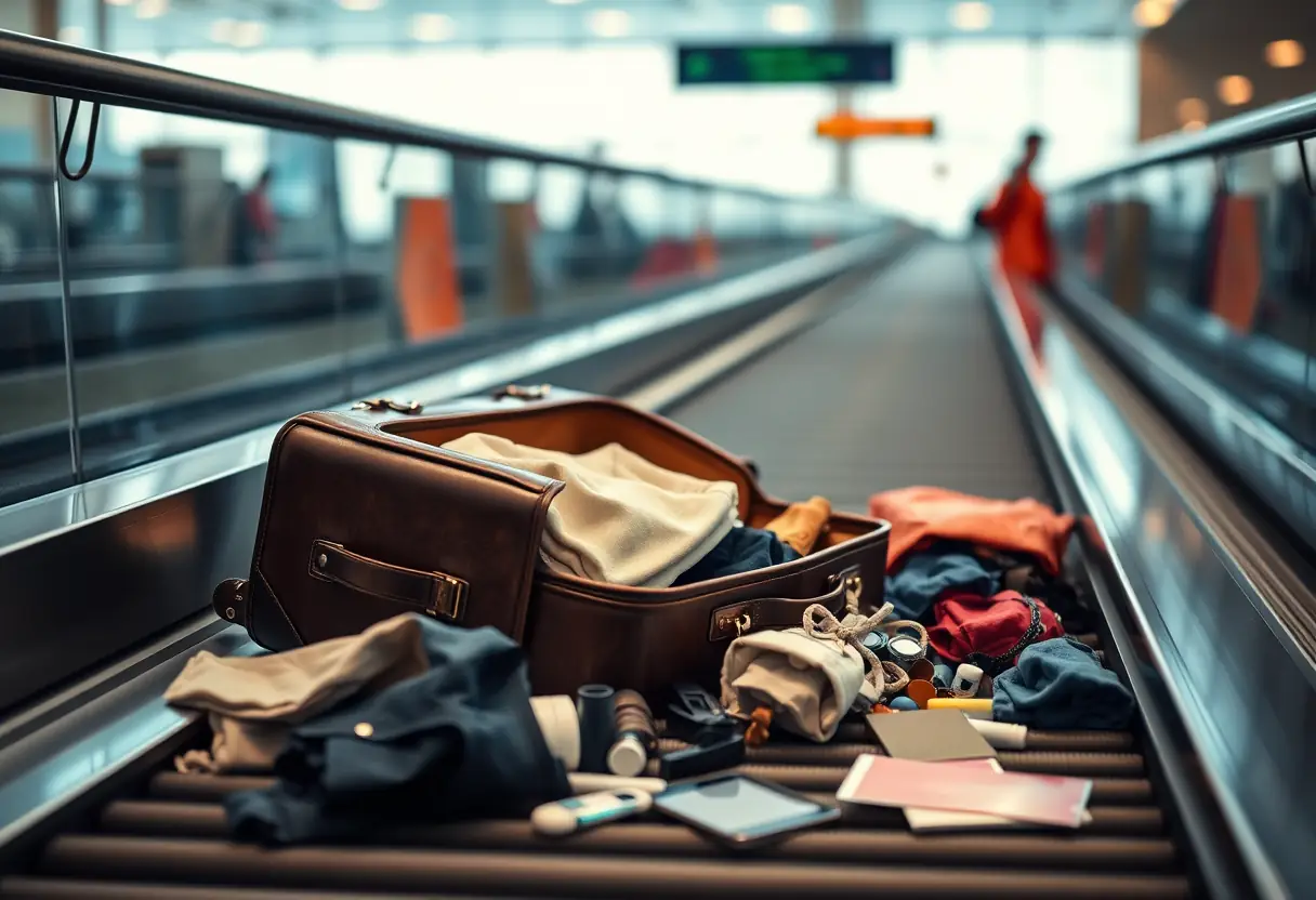 Une valise en cuir sur un tapis de bagages avec ses affaires qui tombent.