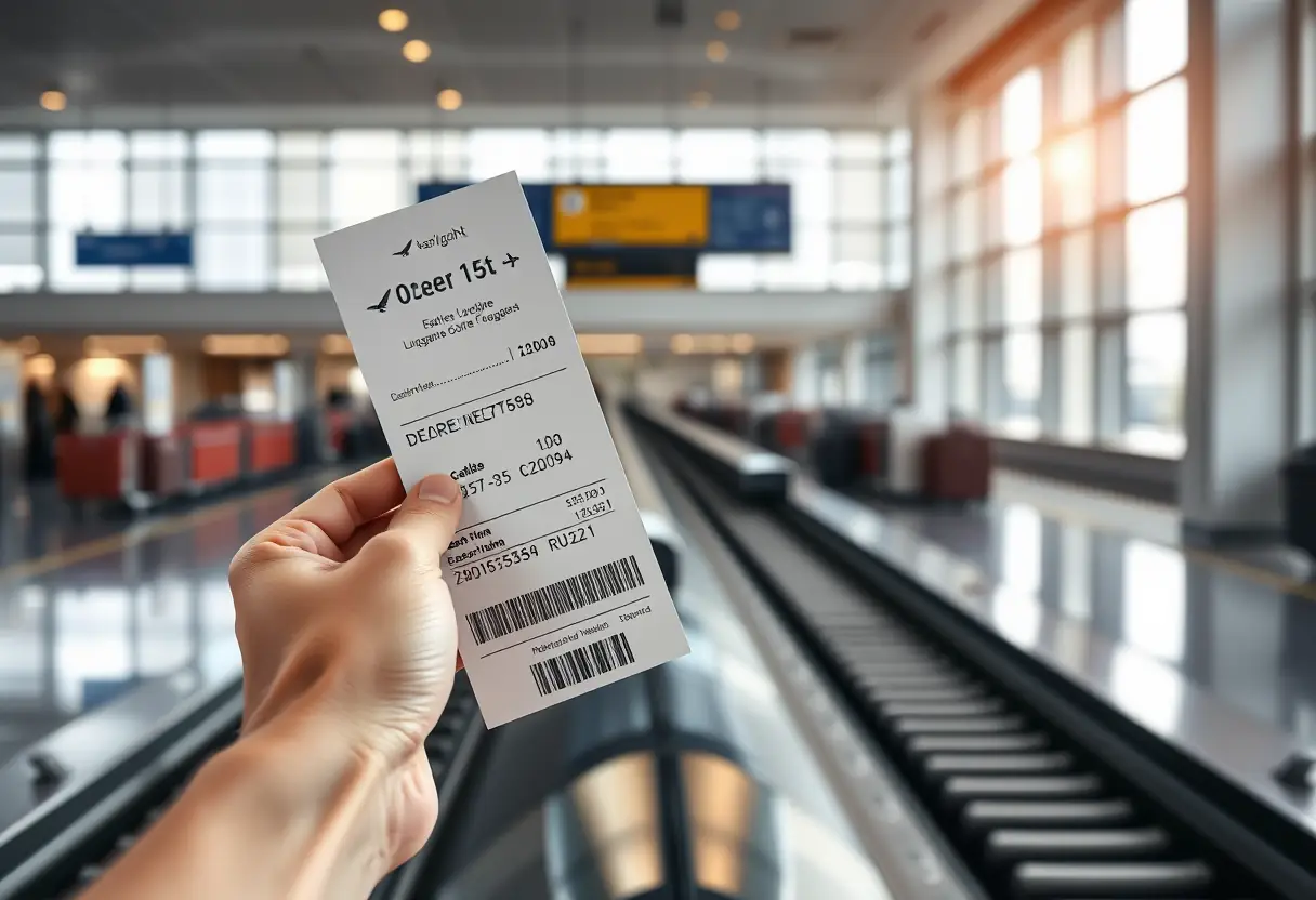Une main tenant un billet d'embarquement devant une roue de bagages à l'aéroport.